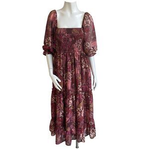 Fate Floral Metallic Midi Dress Tiered Smocked Puff Sleeves S Boho Fairy Cottage